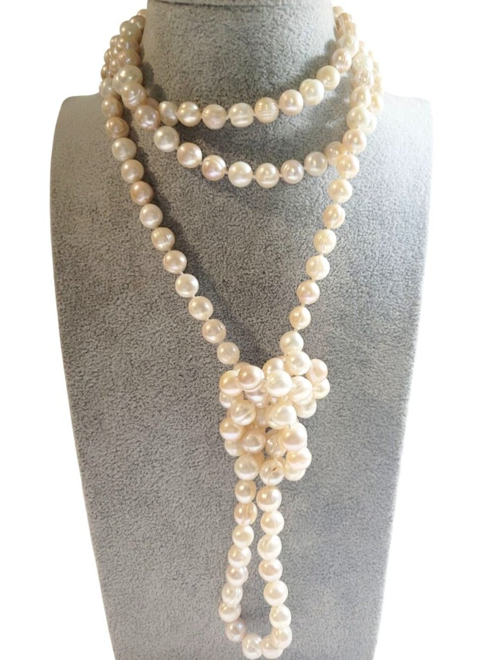 Freshwater Pearl Necklace Hand Knotted Natural White Color 30 Inches Long, 11 mm - Picture 3 of 10